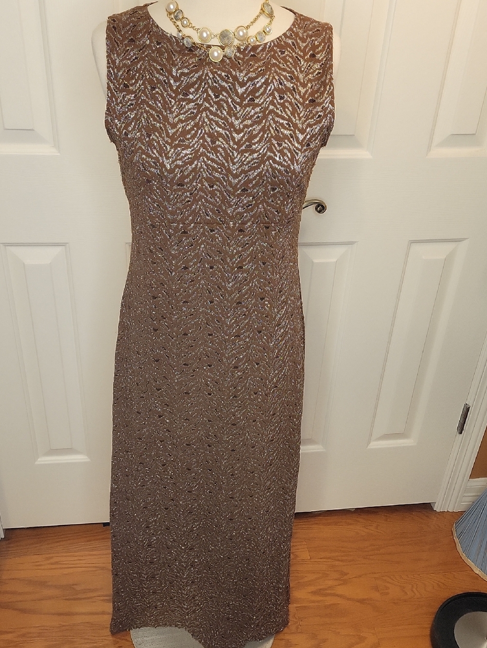 MYO Sleeveless Brown Metallic Patterned Evening Dress